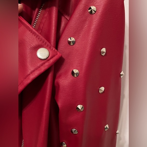 Leather Spike Studded Red Leather Jacket - Picture 4 of 10